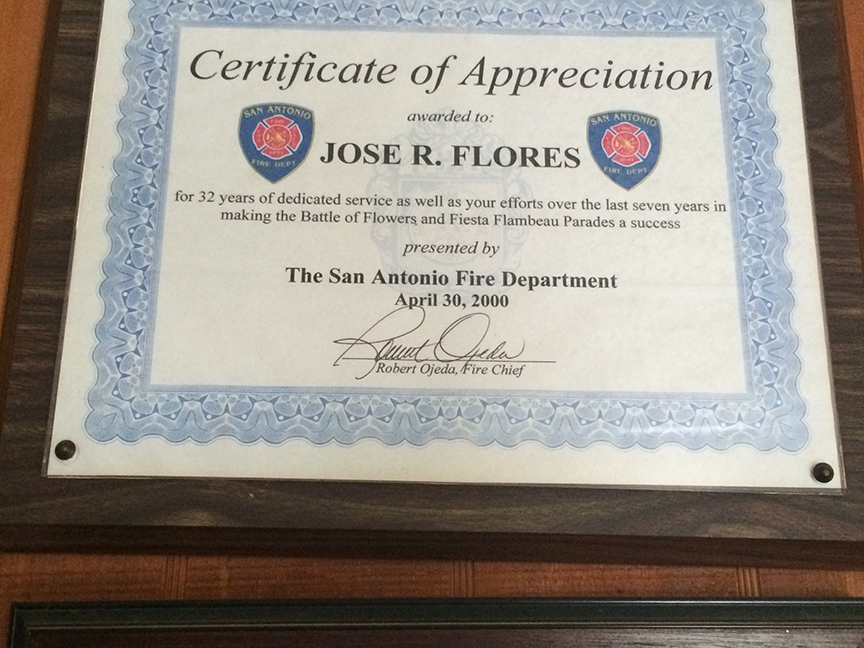 My grandfathers certificate of appreciation from the San ANtonio Fire Department awarded after his retirement in 1999.